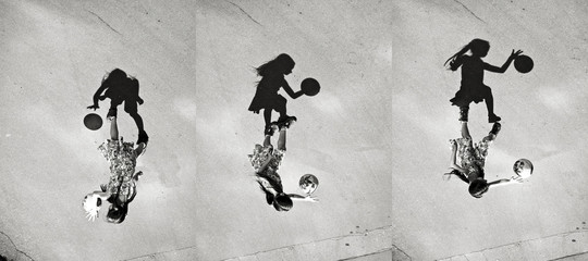 Little girl playing ball shadow, set of pictures