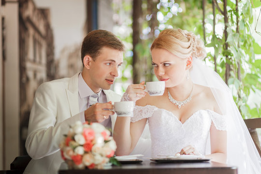 Bride drinking tea