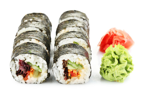 Vegetarian sushi rolls isolated on white