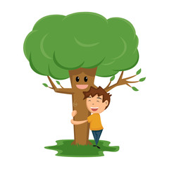 Child hugging tree