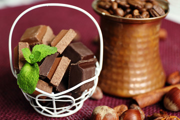 Still life with set of chocolate, spices and nuts