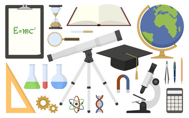 Vector illustration. Set scientific tools in flat design