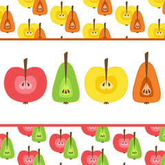 Set of vector apples and pears cut in half.