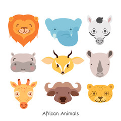 Cute African animal portrait flat icons set
