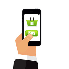 Phone in hand buy 3d vector illustration