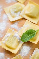 Close-up of raw square italian ravioli with flour, studio shot