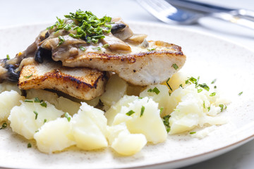 pikeperch on butter with mushroom sauce and spring potatoes