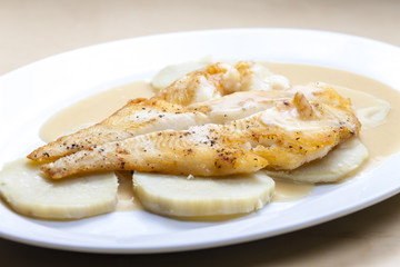 fried halibut with sweet potatoes and lemon sauce