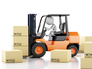 3d white people with a forklift and cardboard boxes