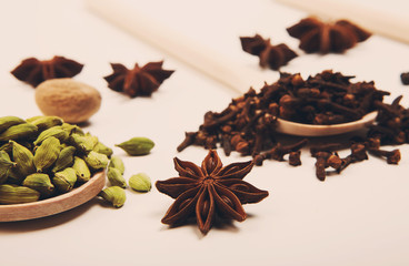 Variety of spices in wooden spoons