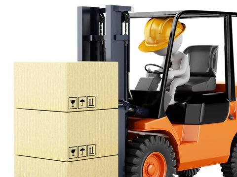 3d white people driving a forklift with boxes
