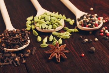 Variety of spices in wooden spoons