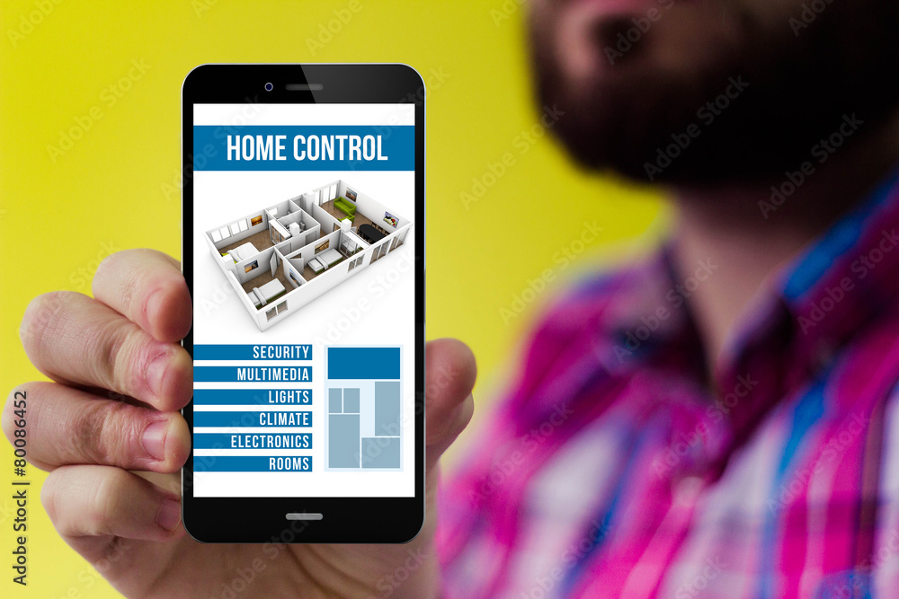 Poster hipster smartphone showing smart home remote control on the scre