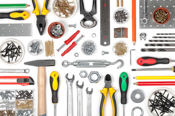 set of tools on white background top view