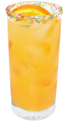 Cocktail with orange juice and ice cube decorated with multicolo