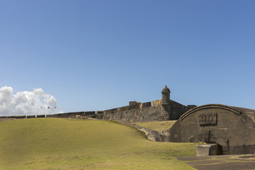 Northeastern lookout tower with flags and bunker.