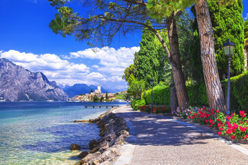 Most scenic places of northen Italy - Malcesine, beautiful lake Lago di garda - obrazy, fototapety, plakaty