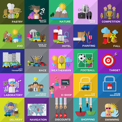 Flat Icons Set: Vector Illustration, Graphic Design. Collection Of Colorful Icons. For Web, Websites, Print, Presentation Templates, Promotional, Mobile Applications And Promotional Materials