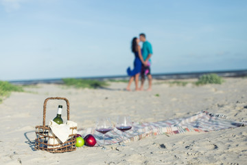 American couple standing on the beach, picnic, drink wine, enjoy