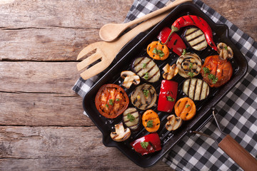 grilled vegetables in a pan grill. horizontal top view