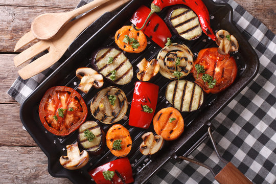 grilled vegetables closeup in a pan grill. horizontal top view