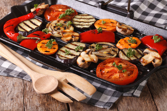 grilled vegetables: peppers, tomato, onion,  in pan grill