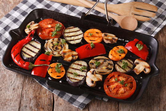 Vegetables cooked on the grill pan closeup. Horizontal
