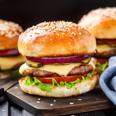 Delicious burger on wooden board