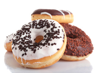 Delicious donuts with icing isolated on white
