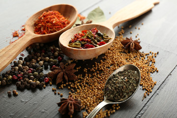 Different kinds of spices in spoons, close-up,