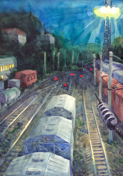 Watercolor cityscape. Night train tracks