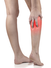 Woman massaging her painful leg calf.