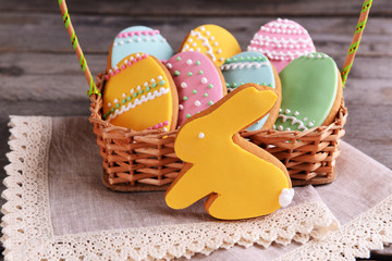Delicious Easter cookies on table close-up