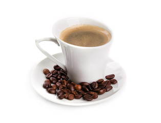 Cup with coffee and coffee beans