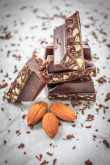 chocolate with almonds nuts closeup