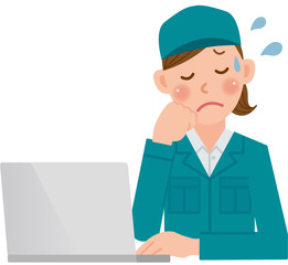 作業員　パソコン　悩む　