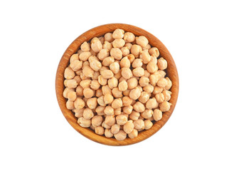 Chickpea in wooden bowl, isolated on white background