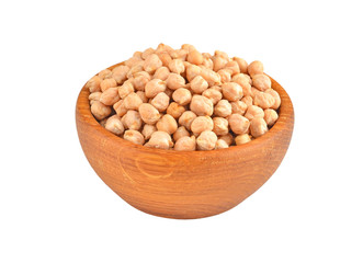 Chickpea in wooden bowl, isolated on white background