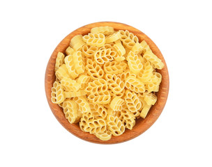 Pasta in wooden bowl, isolated on white background