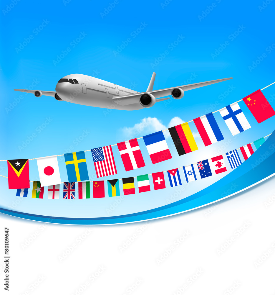 Canvas Prints airplane travel background with flags of different countries