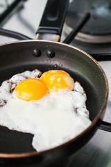 Fried eggs on frying pan