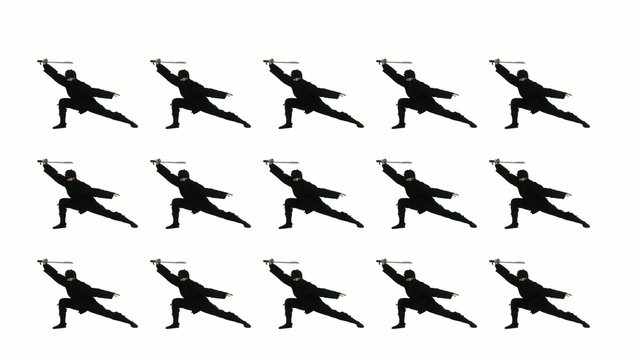 Masked ninjas draw swords and strike a dramatic pose.  Looping clip with white background.