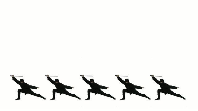Five masked ninjas draw swords and strike a dramatic pose, one after the other, then all return to standing as one.  Looping clip with white background.