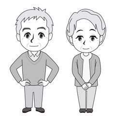 正面に立つシニアの男女(モノクロ)