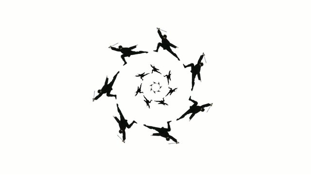 Circles of seven ninjas striking poses with swords.  Looping clip with white background.
