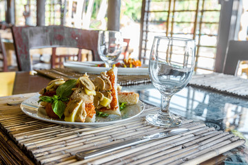 tapas appetizer plated in small outdoor restaurant