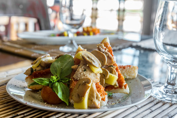 tapas appetizer plated in small outdoor restaurant