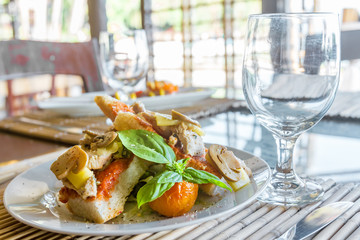 tapas appetizer plated in small outdoor restaurant