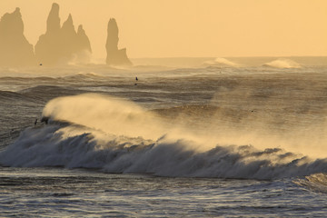 Il mare in Islanda: spiaggia nera di Vik al tramonto