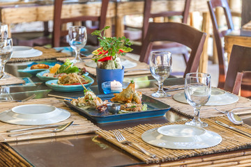 seafood snacks, calamaris, squid rings served in outdoor restaur